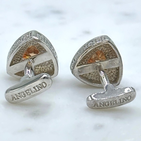 Angelino Silver Tone Orange Rhinestone Meander Border Greek Motif Cufflinks - Picture 10 of 11